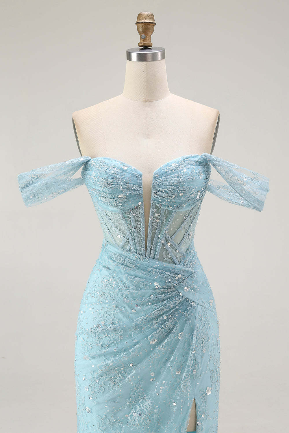 Sparkly Blue Mermaid Corset Off the Shoulder Long Prom Dress with Slit