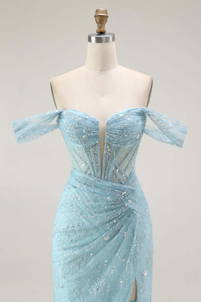 Sparkly Blue Mermaid Corset Off the Shoulder Long Prom Dress with Slit
