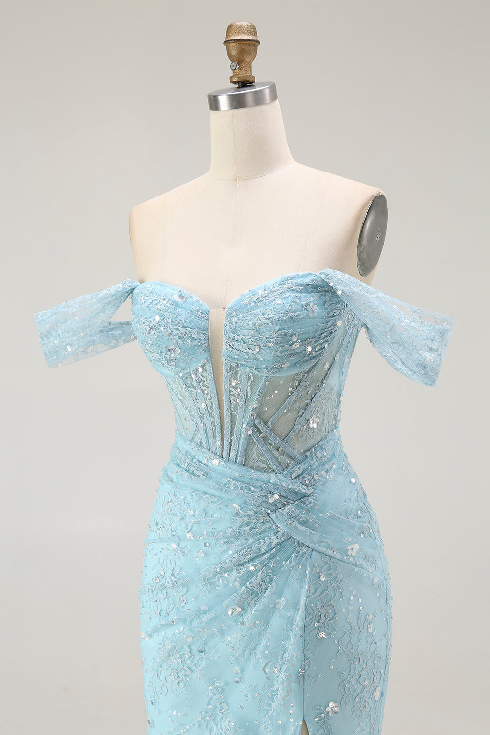 Sparkly Blue Mermaid Corset Off the Shoulder Long Prom Dress with Slit
