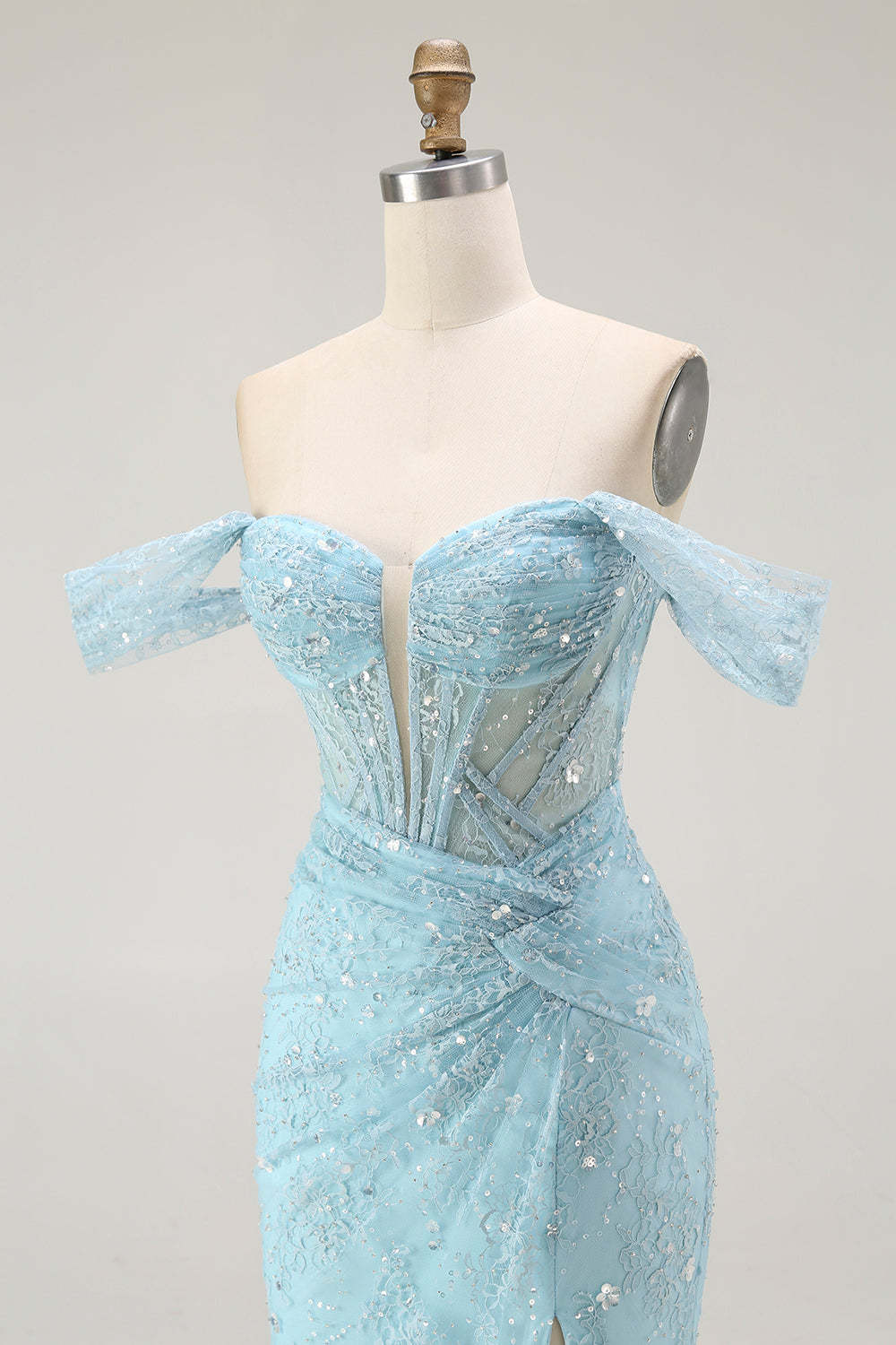 Sparkly Blue Mermaid Corset Off the Shoulder Long Prom Dress with Slit