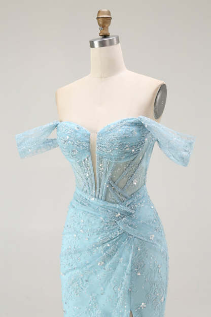 Sparkly Blue Mermaid Corset Off the Shoulder Long Prom Dress with Slit