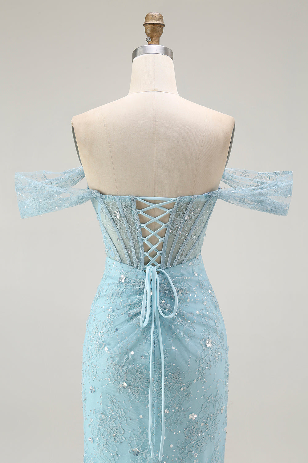 Sparkly Blue Mermaid Corset Off the Shoulder Long Prom Dress with Slit