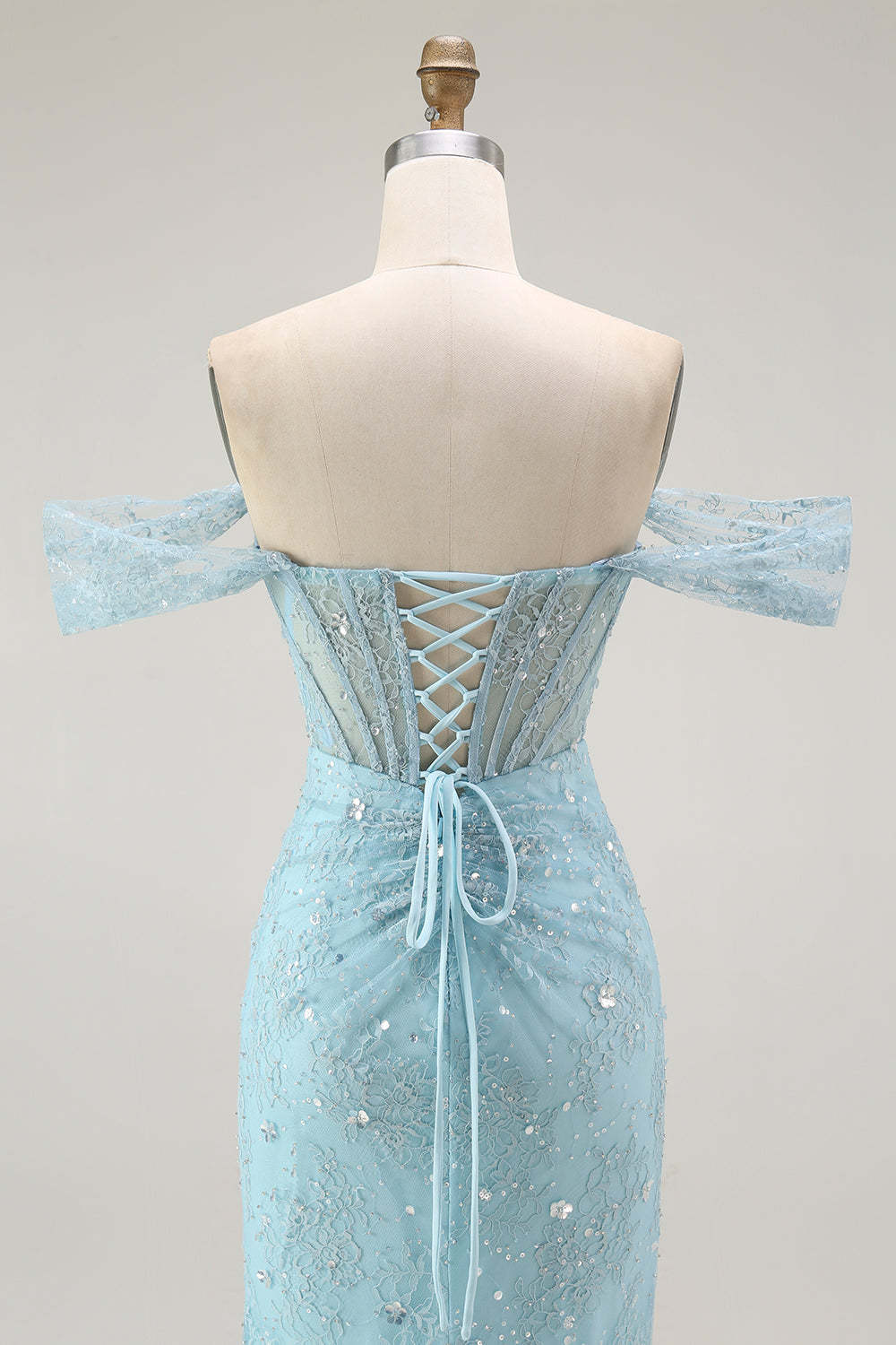 Sparkly Blue Mermaid Corset Off the Shoulder Long Prom Dress with Slit