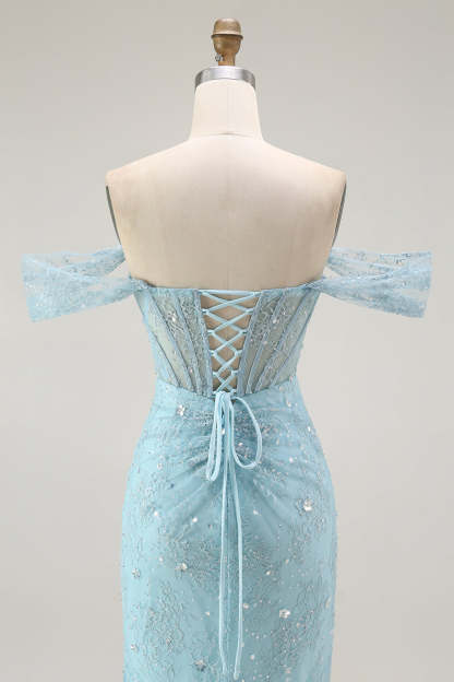 Sparkly Blue Mermaid Corset Off the Shoulder Long Prom Dress with Slit