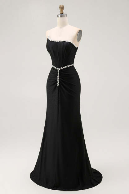 Sparkly Black Corset Strapless Mermaid Long Prom Dress