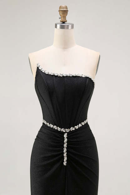Sparkly Black Corset Strapless Mermaid Long Prom Dress