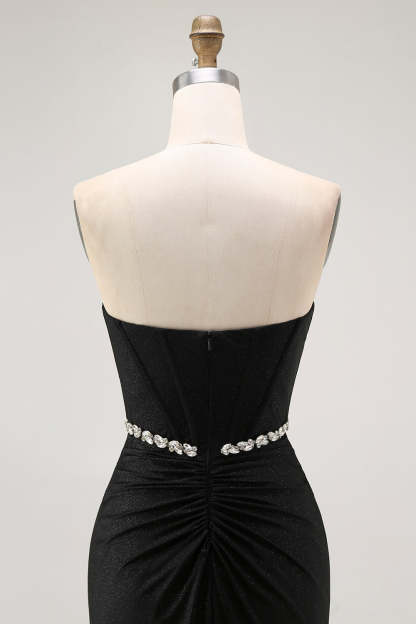 Sparkly Black Corset Strapless Mermaid Long Prom Dress