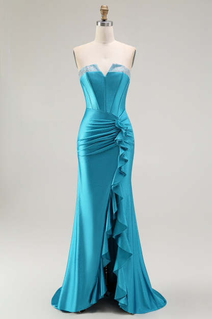 Leely Women Sparkly Blue Corset Strapless Long Prom Dress with Slit Mermaid Ruffled Formal Dress with Beading