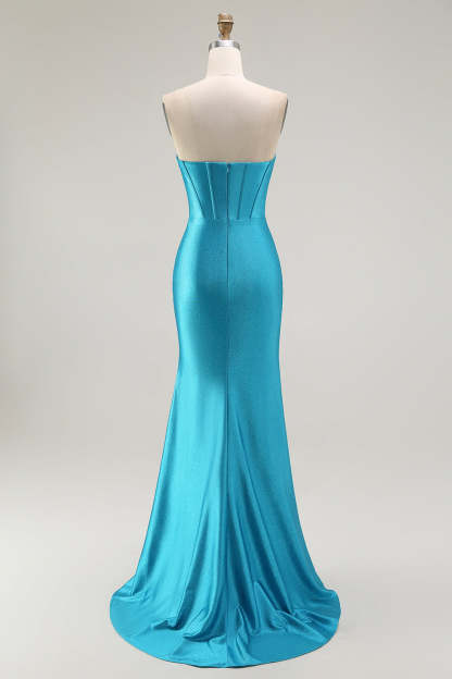 Sparkly Blue Strapless Mermaid Corset Long Prom Dress with Ruffles