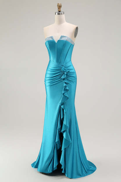 Sparkly Blue Strapless Mermaid Corset Long Prom Dress with Ruffles
