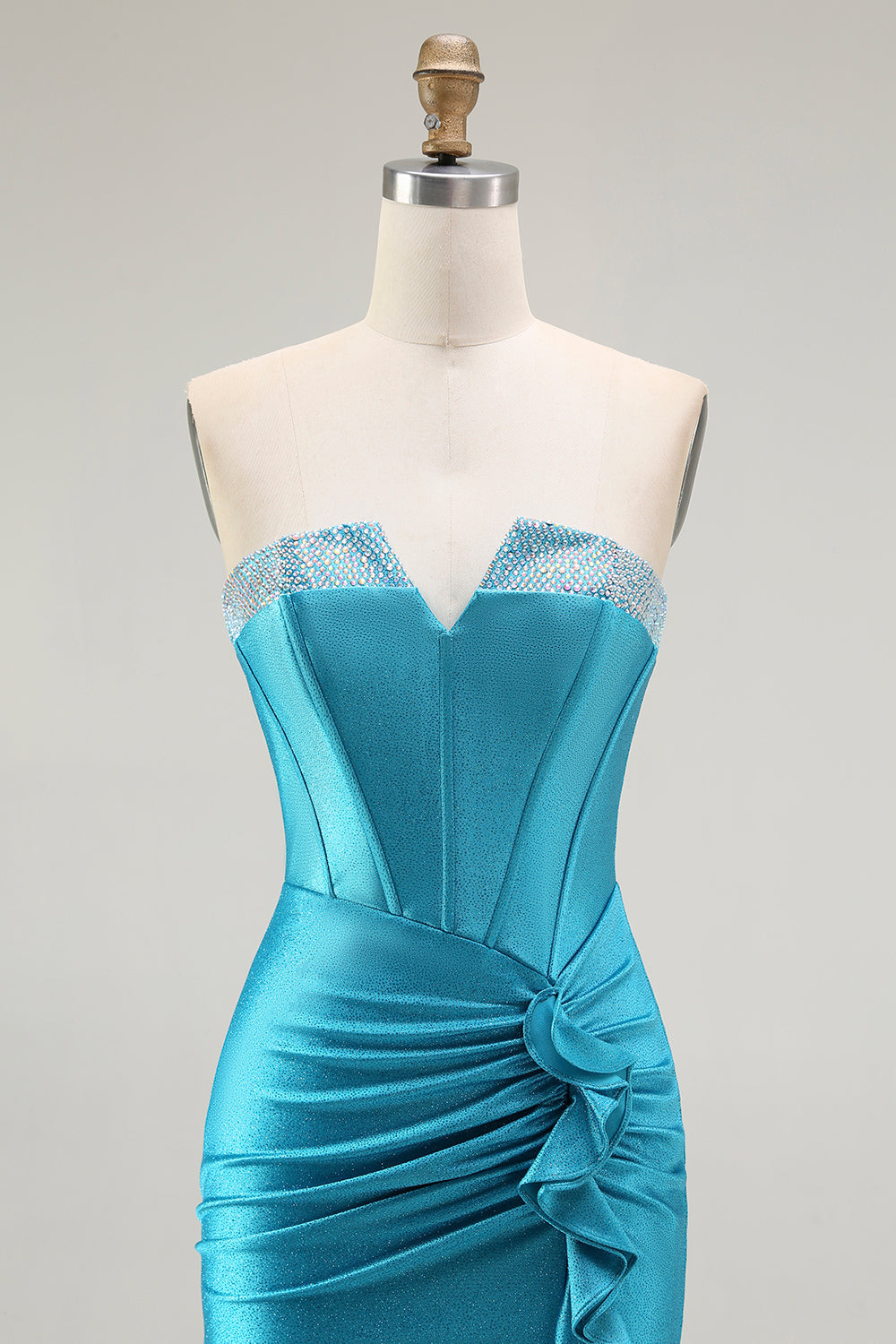 Sparkly Blue Strapless Mermaid Corset Long Prom Dress with Ruffles