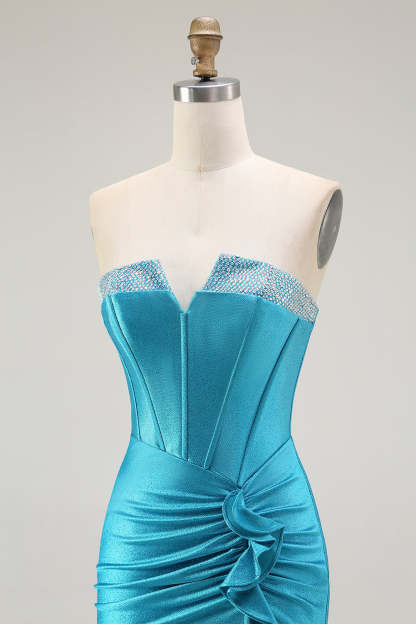 Sparkly Blue Strapless Mermaid Corset Long Prom Dress with Ruffles