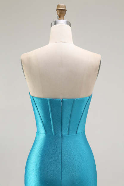 Sparkly Blue Strapless Mermaid Corset Long Prom Dress with Ruffles