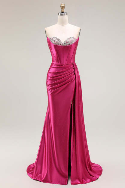 Leely Women Sparkly Satin Fuchsia Mermaid Long Prom Dress with Beading Corset Strapless Ruched Evening Dress with Slit