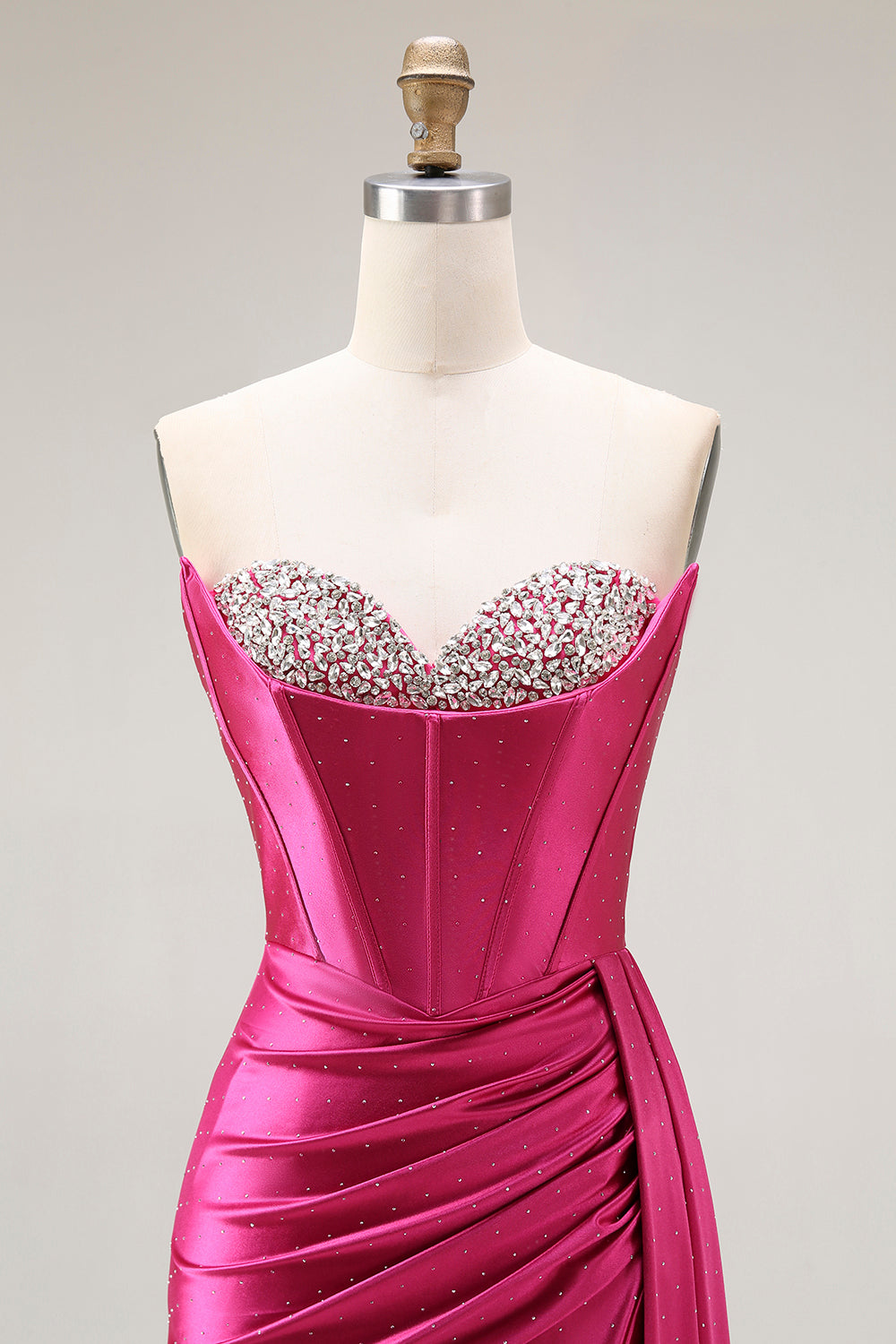 Sparkly Fuchsia Mermaid Corset Strapless Ruched Long Prom Dress