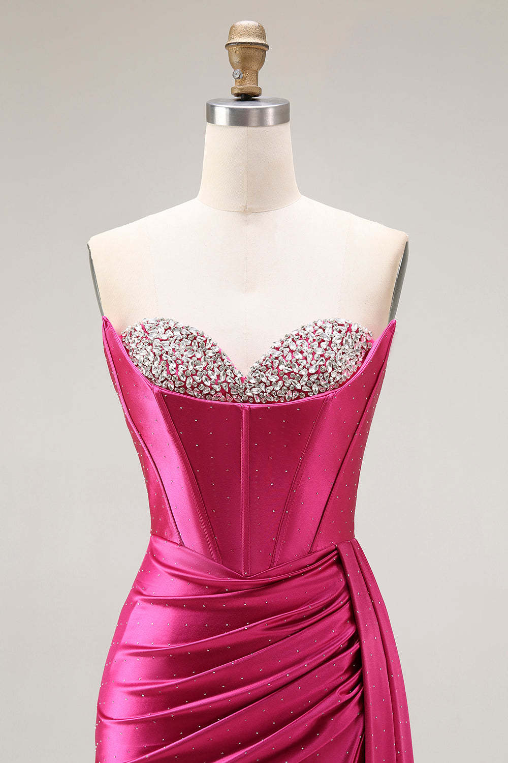 Sparkly Fuchsia Mermaid Corset Strapless Ruched Long Prom Dress