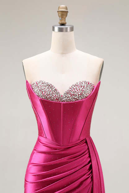 Sparkly Fuchsia Mermaid Corset Strapless Ruched Long Prom Dress