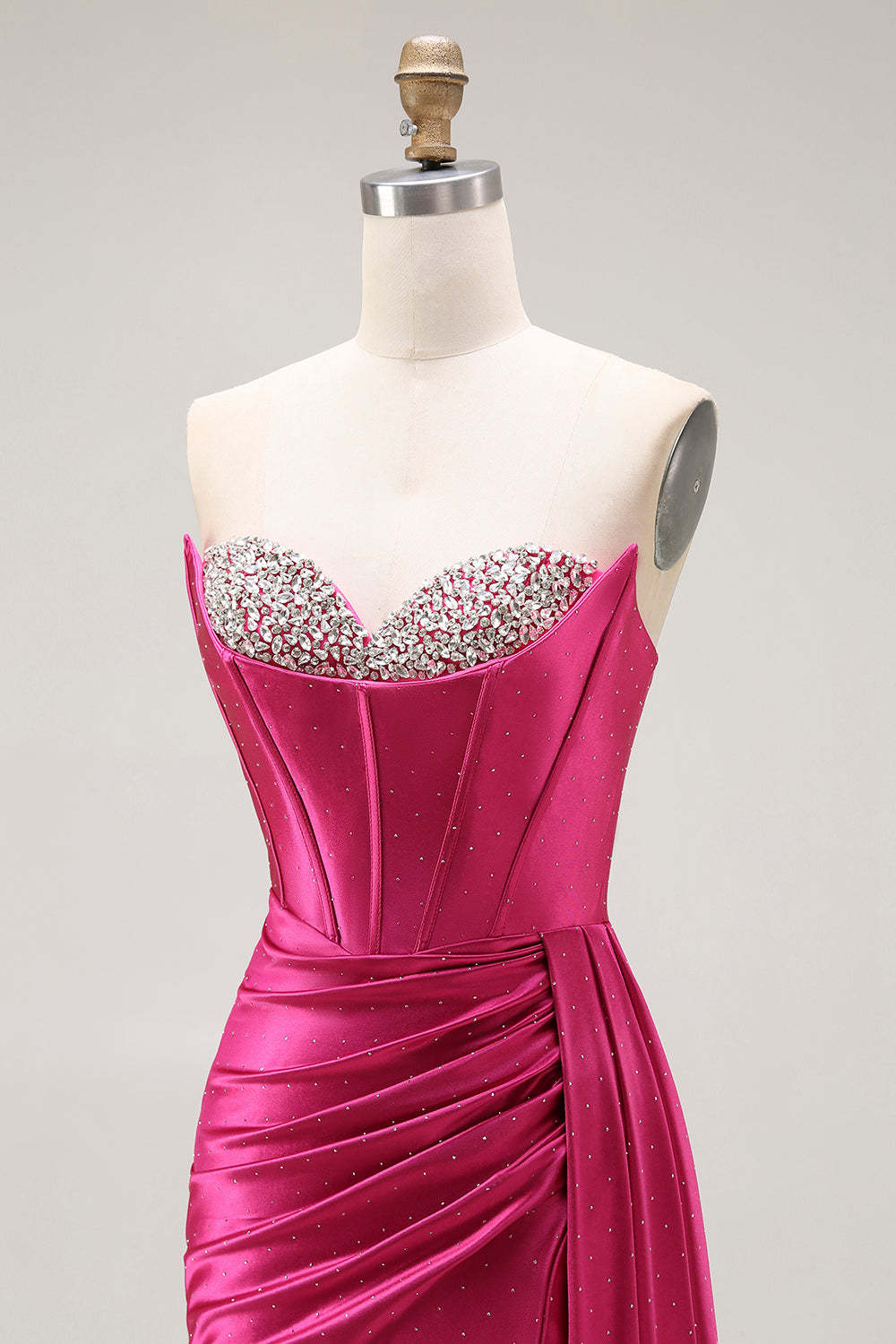Sparkly Fuchsia Mermaid Corset Strapless Ruched Long Prom Dress