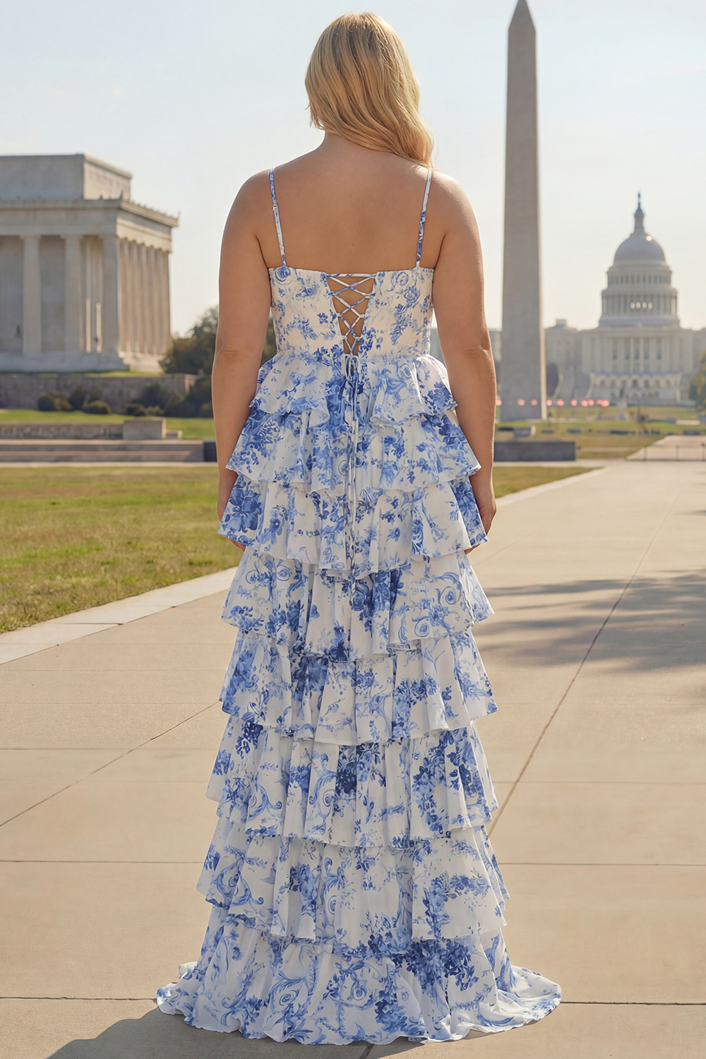 White Blue Flower A Line Corset Ruffled Long Prom Dress with Slit