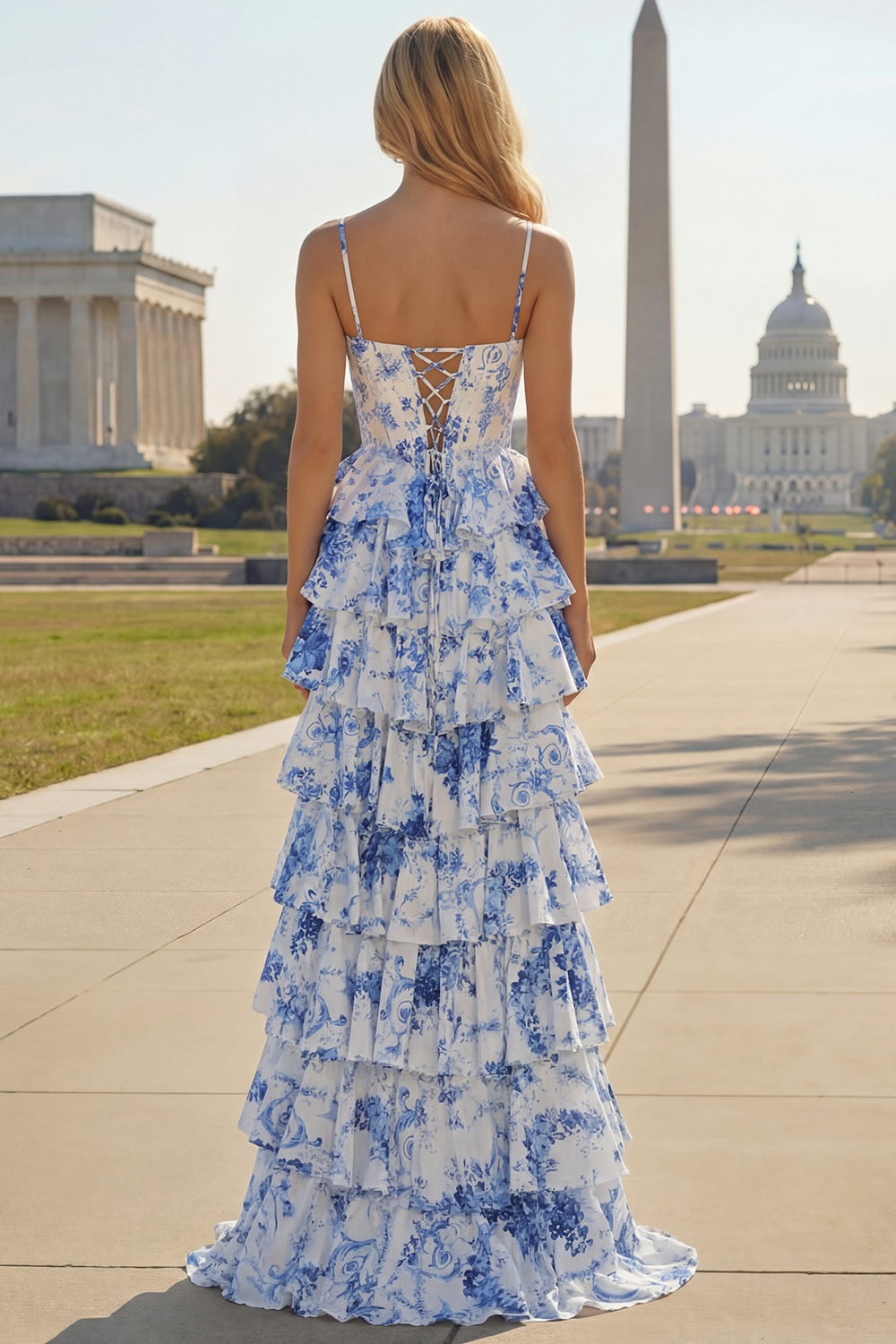 White Blue Flower A Line Corset Ruffled Long Prom Dress with Slit