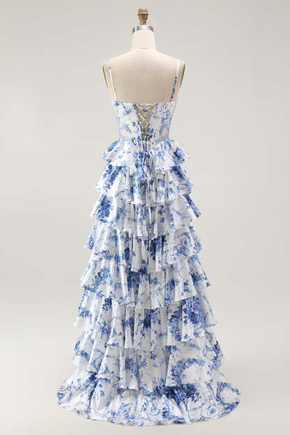 White Blue Flower A Line Corset Ruffled Long Prom Dress with Slit