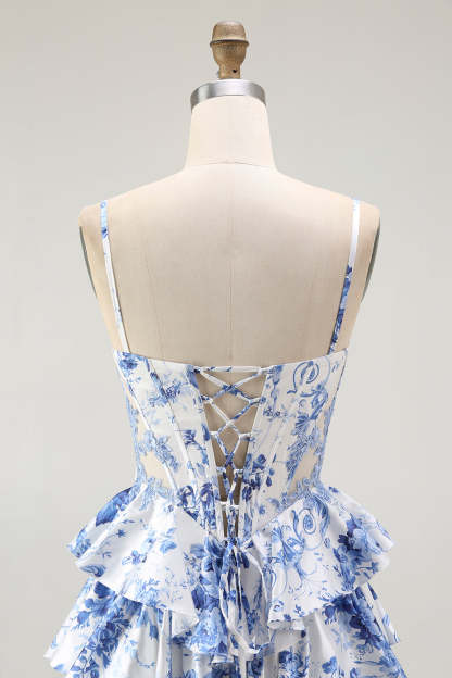 White Blue Flower A Line Corset Ruffled Long Prom Dress with Slit