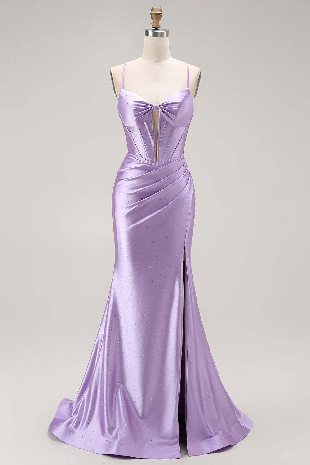 Leely Women Sparkly Corset Purple Mermaid Long Prom Dress with Slit Spaghetti Straps Ruched Evening Dress with Beading
