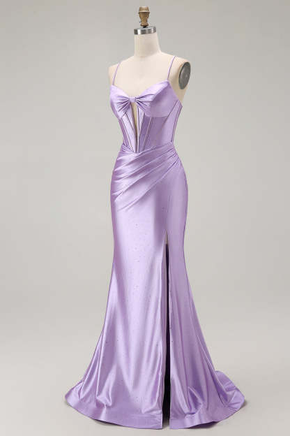 Sparkly Purple Corset Mermaid Spaghetti Straps Maxi Prom Dress with Slit