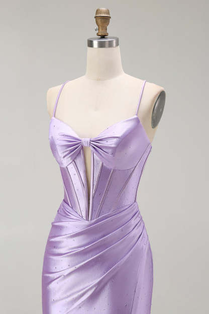 Sparkly Purple Corset Mermaid Spaghetti Straps Maxi Prom Dress with Slit
