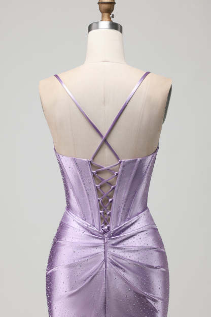 Sparkly Purple Maxi Beaded Corset Prom Dress with Slit