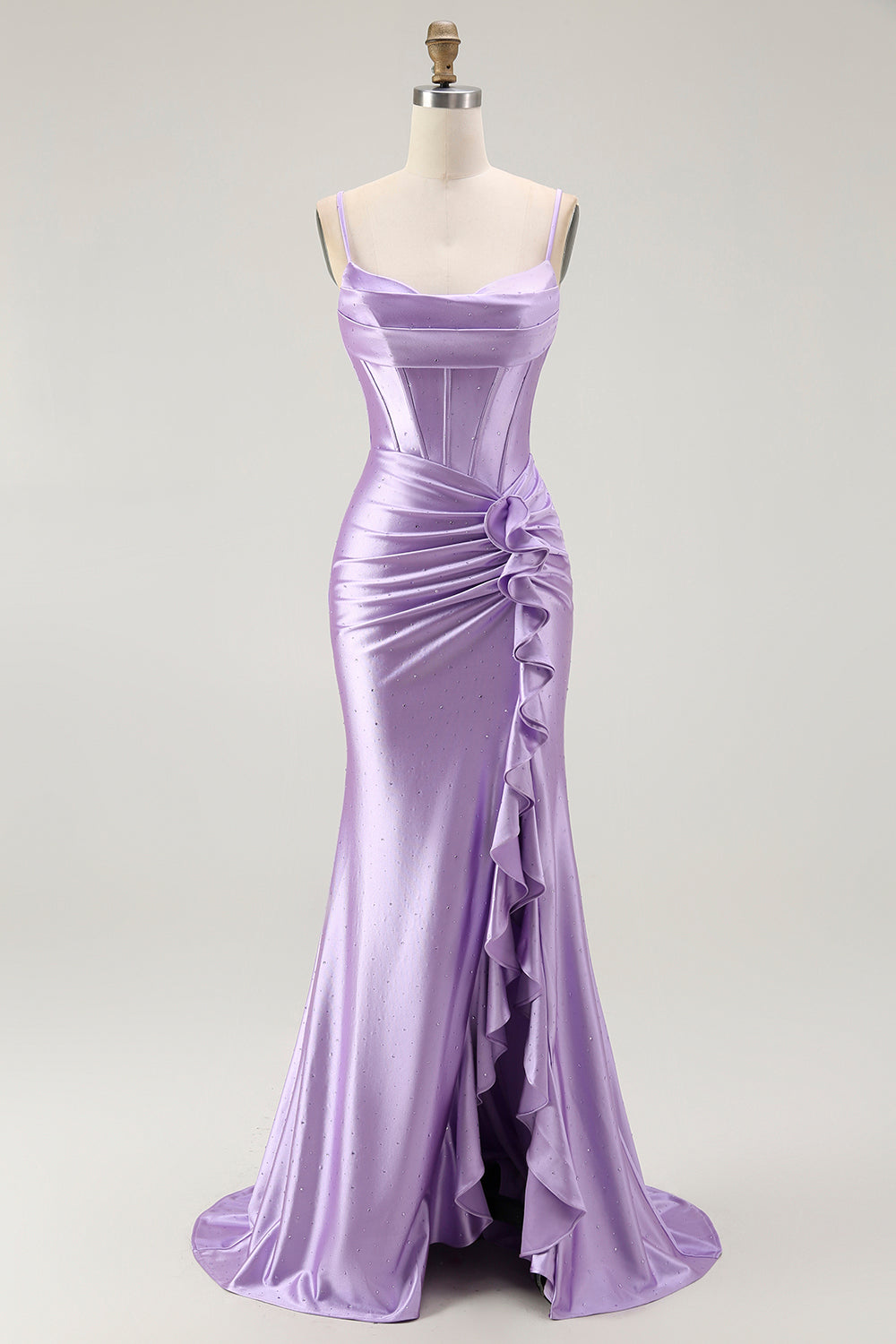 Leely Women Sparkly Purple Beaded Corset Long Prom Dress with Slit Mermaid Spaghetti Straps Satin Lace Up Back Formal Dress with Ruffles