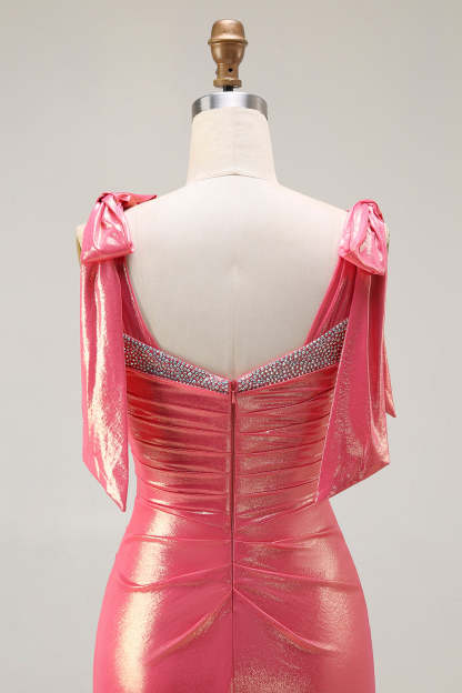 Sparkly Coral Beaded Mermaid Metallic Long Prom Dress with Slit