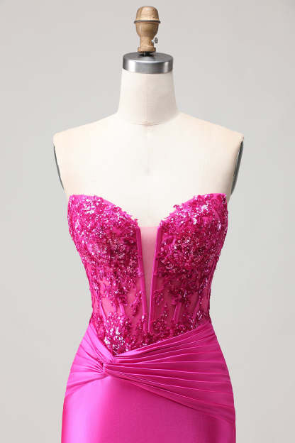 Sparkly Fuchsia Corset Long Mermaid Prom Dress with Sequins