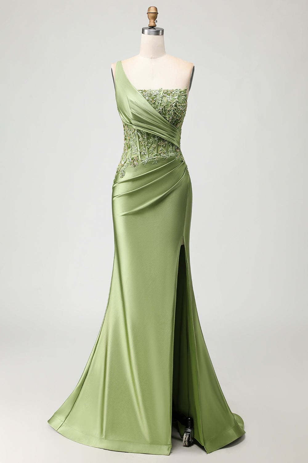 Leely Women Sparkly Green Long Corset Mermaid Prom Dress with Slit Ruched One Shoulder Formal Dress