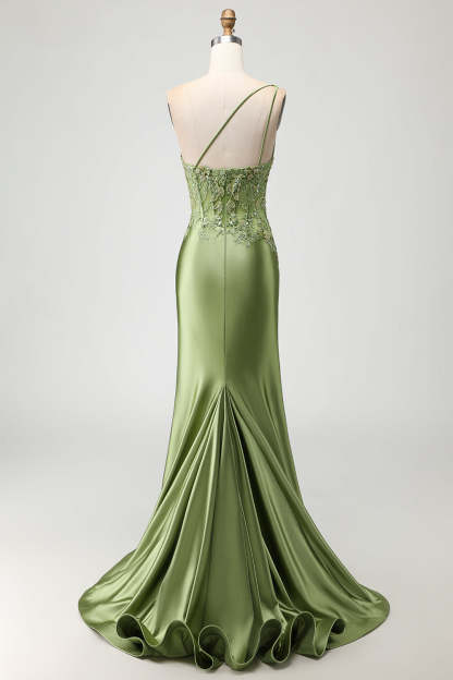 Sparkly Green Mermaid Long Corset Prom Dress with Slit
