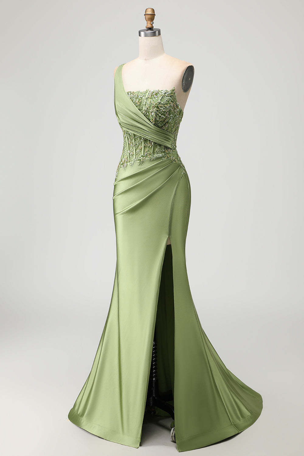 Sparkly Green Mermaid Long Corset Prom Dress with Slit