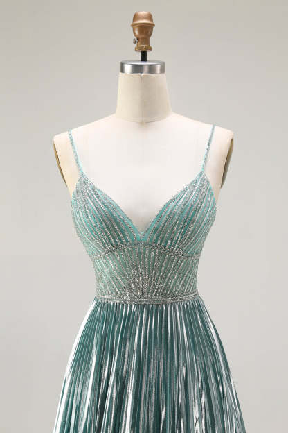 Sparkly Grey Green Metallic A Line Corset Long Prom Dress with Slit