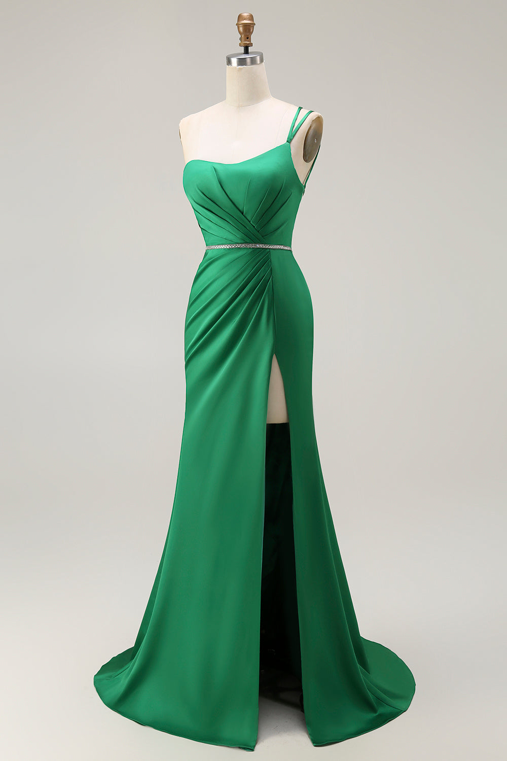 Leely Women Sparkly Dark Green Mermaid Long Prom Dress with Slit Beaded One Shoulder Ruched Lace Up Back Evening Dress