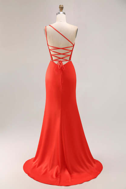 Orange Mermaid Long One Shoulder Ruched Prom Dress with Slit