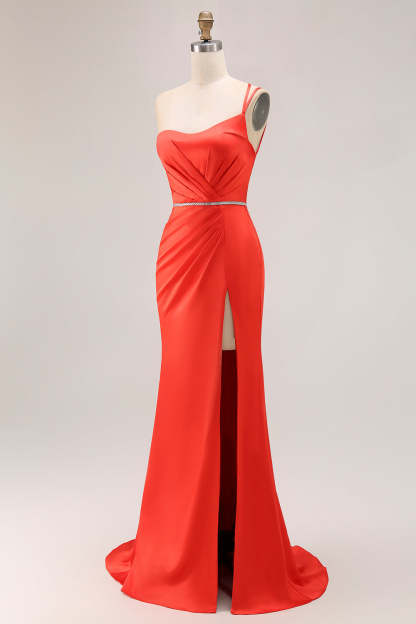Orange Mermaid Long One Shoulder Ruched Prom Dress with Slit