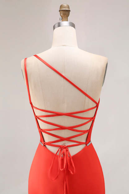 Orange Mermaid Long One Shoulder Ruched Prom Dress with Slit