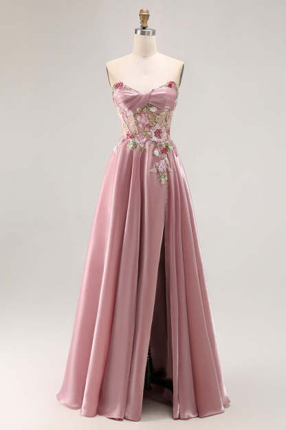 Leely Women Sparkly Grey Pink Corset Floral Long Prom Dress with Sequins A Line Strapless Satin Formal Dress with Slit