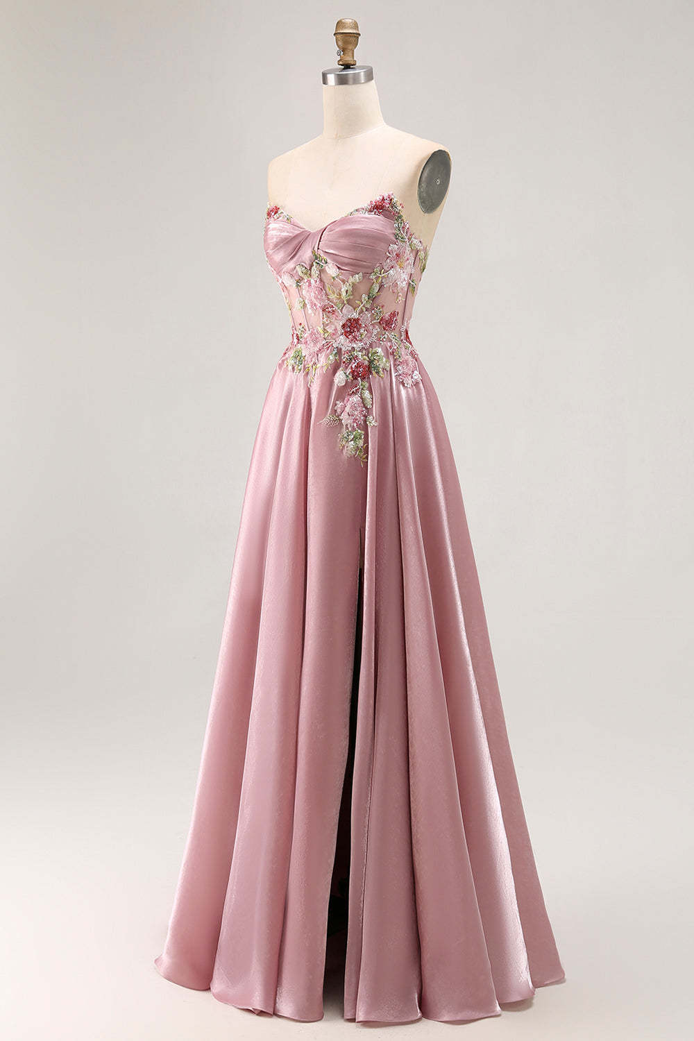 Sparkly Grey Pink Corset Floral A Line Long Prom Dress with Sequins