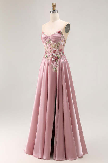Sparkly Grey Pink Corset Floral A Line Long Prom Dress with Sequins
