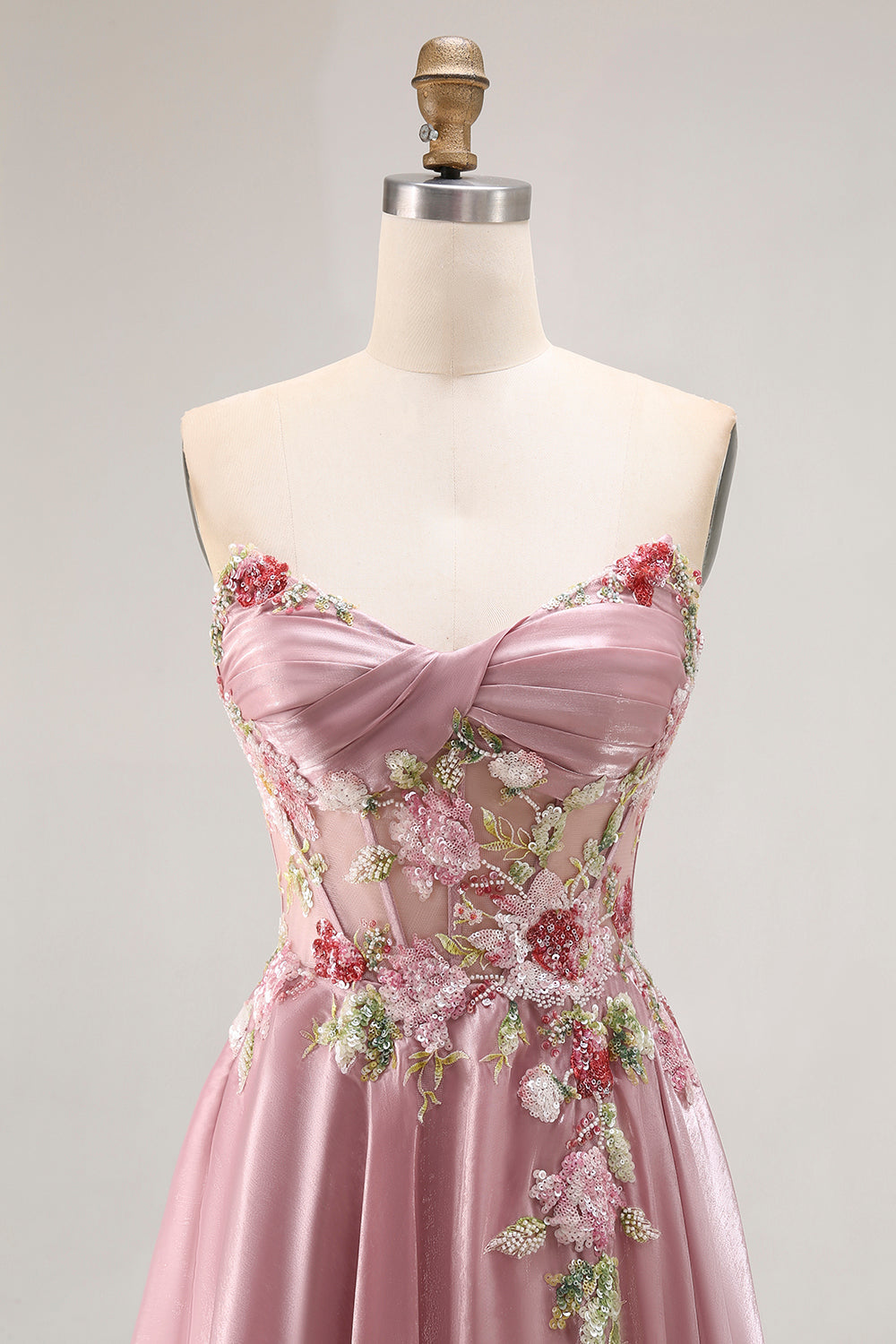Sparkly Grey Pink Corset Floral A Line Long Prom Dress with Sequins