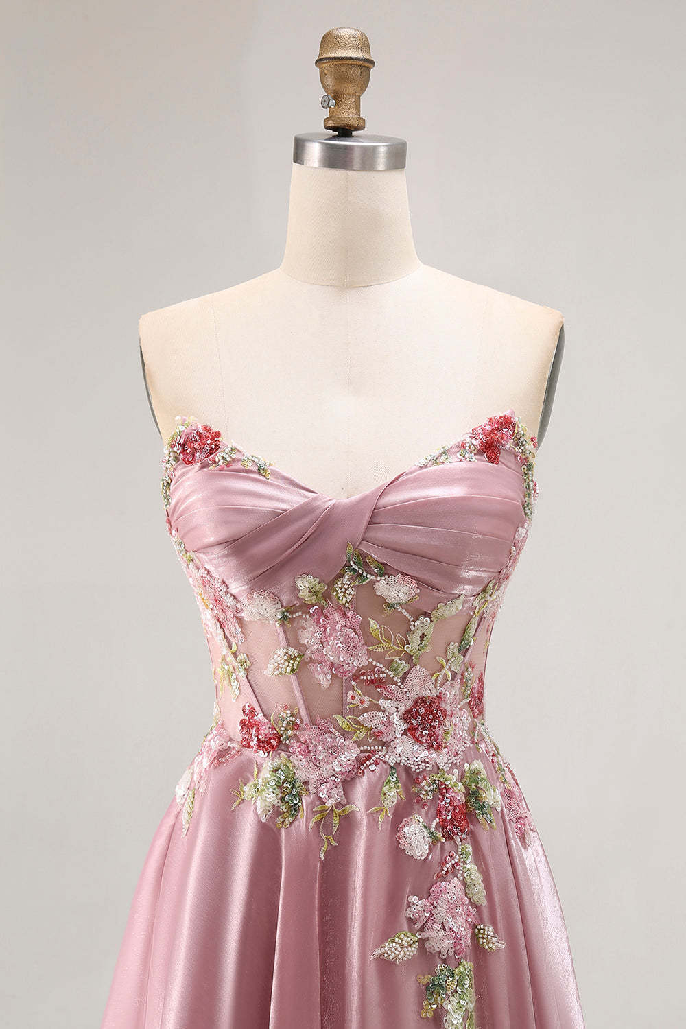 Sparkly Grey Pink Corset Floral A Line Long Prom Dress with Sequins