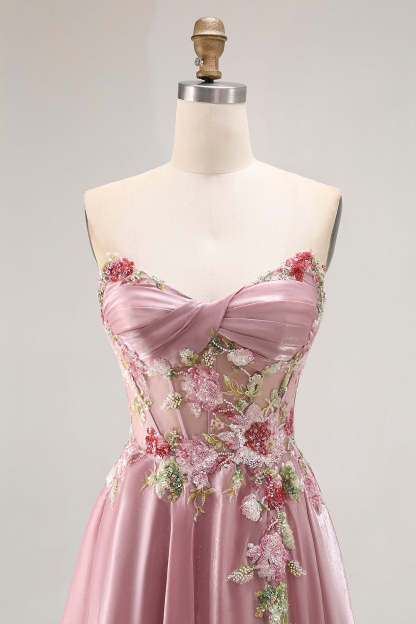 Sparkly Grey Pink Corset Floral A Line Long Prom Dress with Sequins