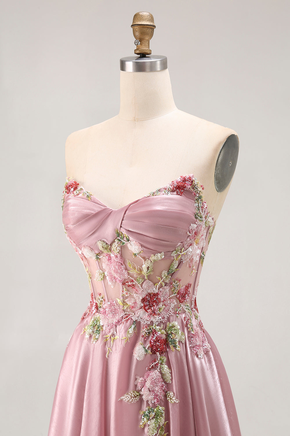 Sparkly Grey Pink Corset Floral A Line Long Prom Dress with Sequins