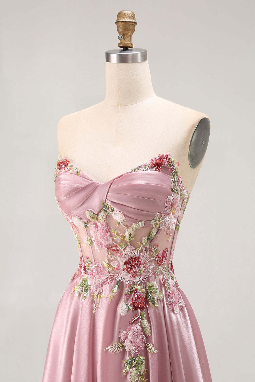 Sparkly Grey Pink Corset Floral A Line Long Prom Dress with Sequins