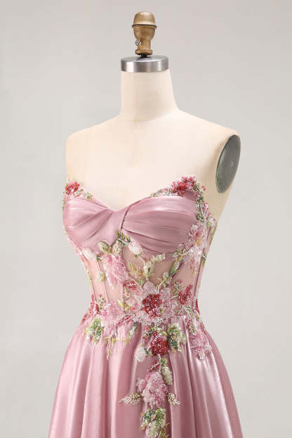 Sparkly Grey Pink Corset Floral A Line Long Prom Dress with Sequins